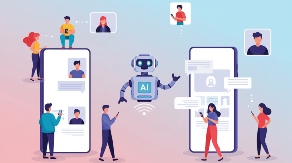 Grafik von verschiedene online Geräten und Personen, in der Mitte ist eine "KI", ein roboterartiges Wesen
